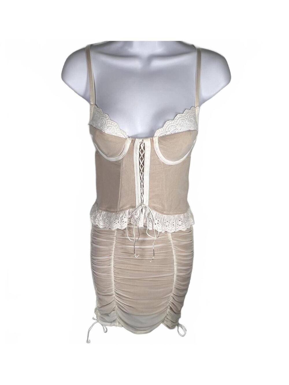 Sky to Moon Corset Mini Dress Beige Lace Up Ruched Coquette Fairycore Size Small